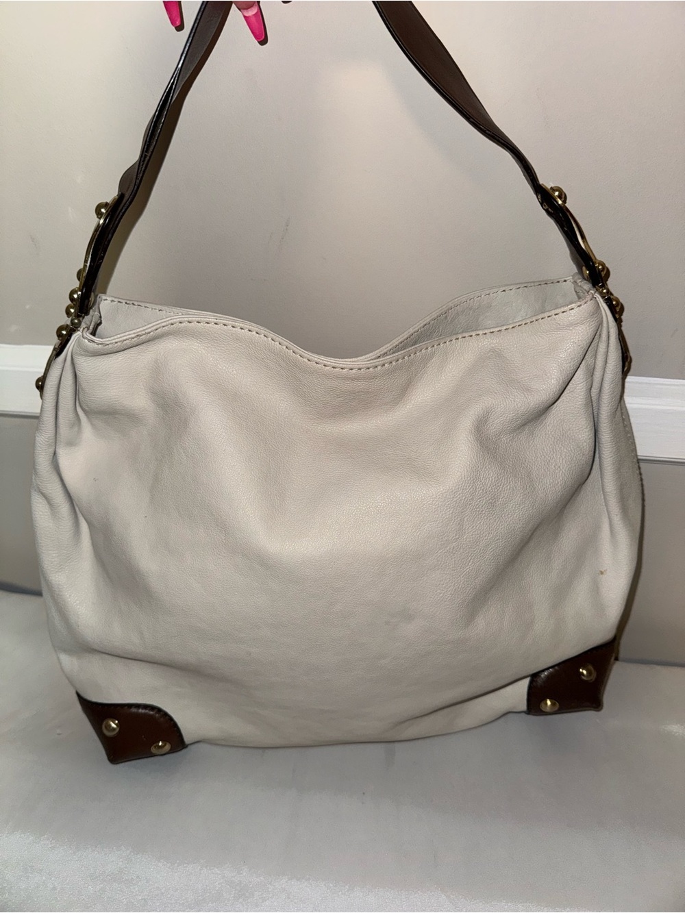 Michael Kors Classic Cream Leather Shoulder Bag with Brown Trim